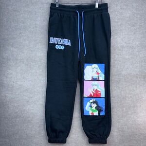 Inuyasha Anime Jogger Sweatpants Black Graphic Print Drawstring Size S Pen Marks